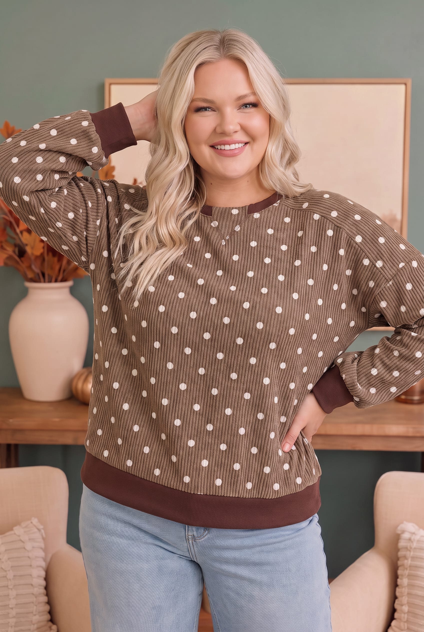 Cozy Dots Ribbed Pullover in Caramel - Charming Charlie