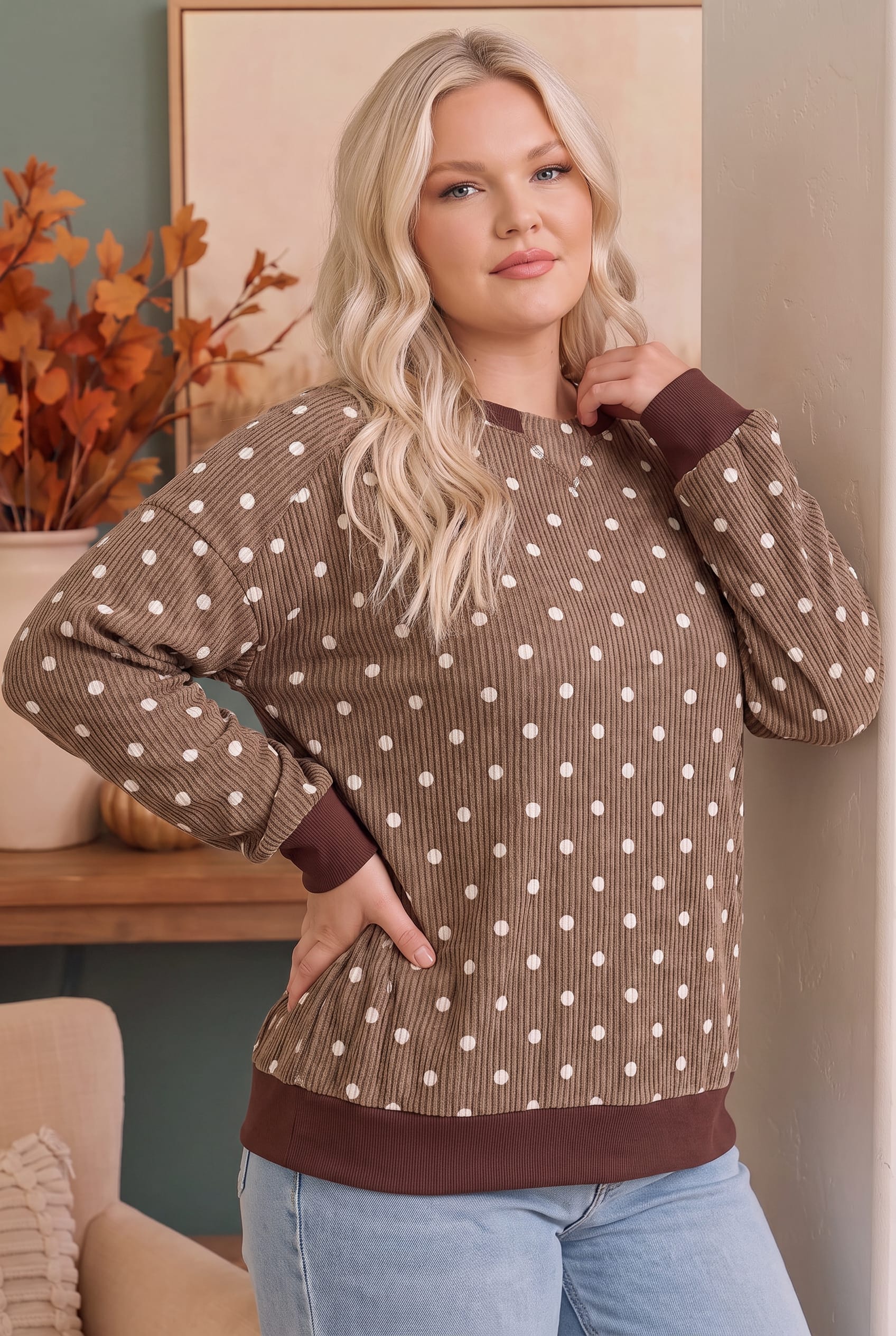 Cozy Dots Ribbed Pullover in Caramel - Charming Charlie