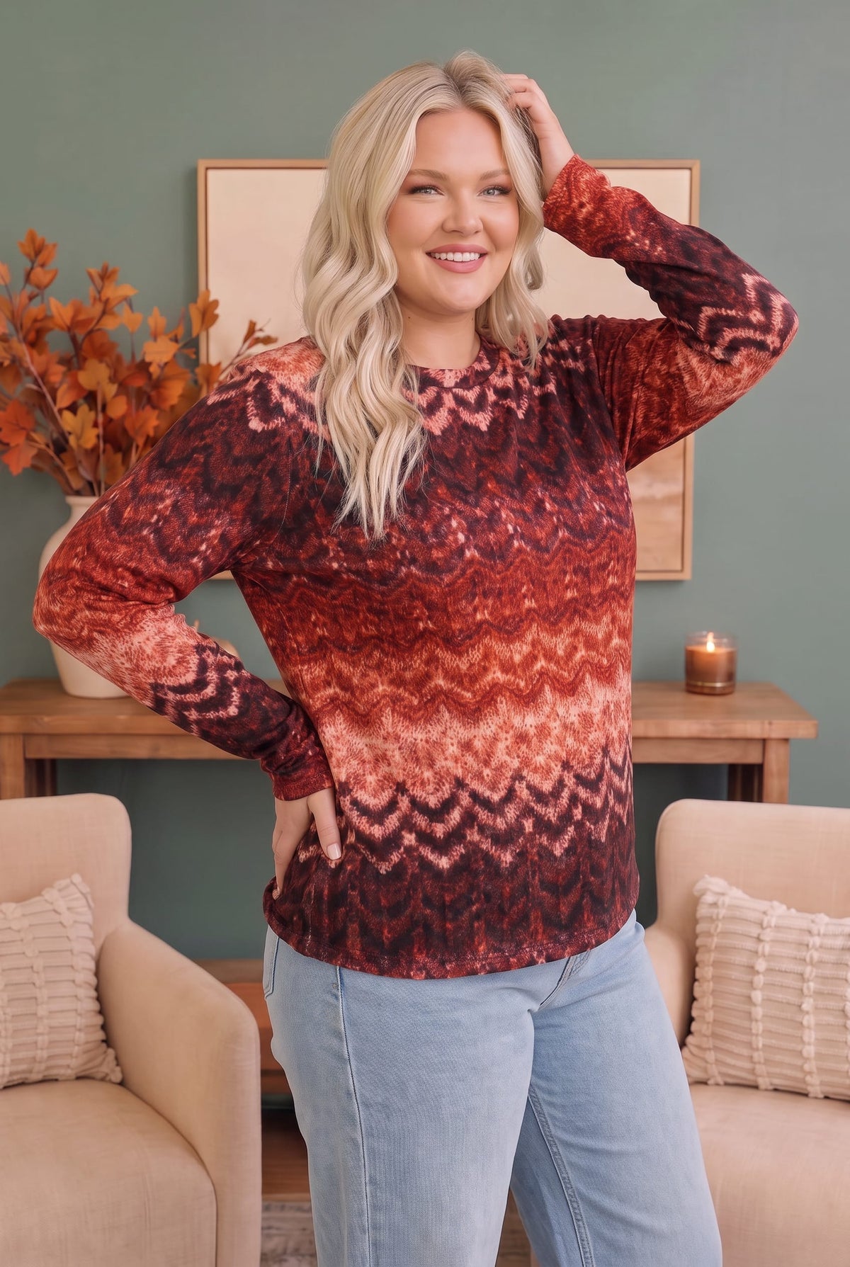 Zigzag Into Fall Burgundy Long Sleeve Top - Charming Charlie