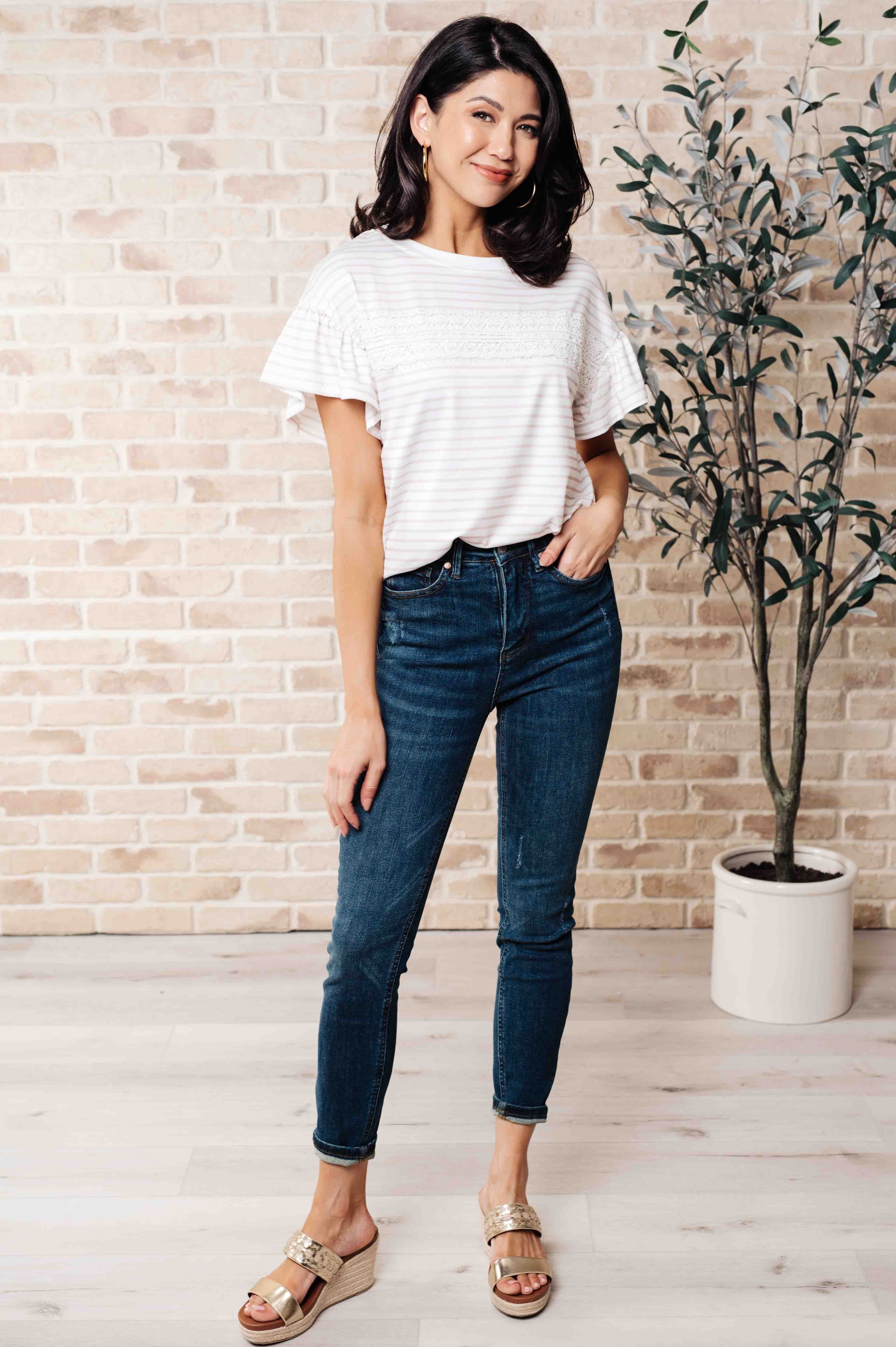 Hand to Hold Lace Detail Striped Top - Charming Charlie