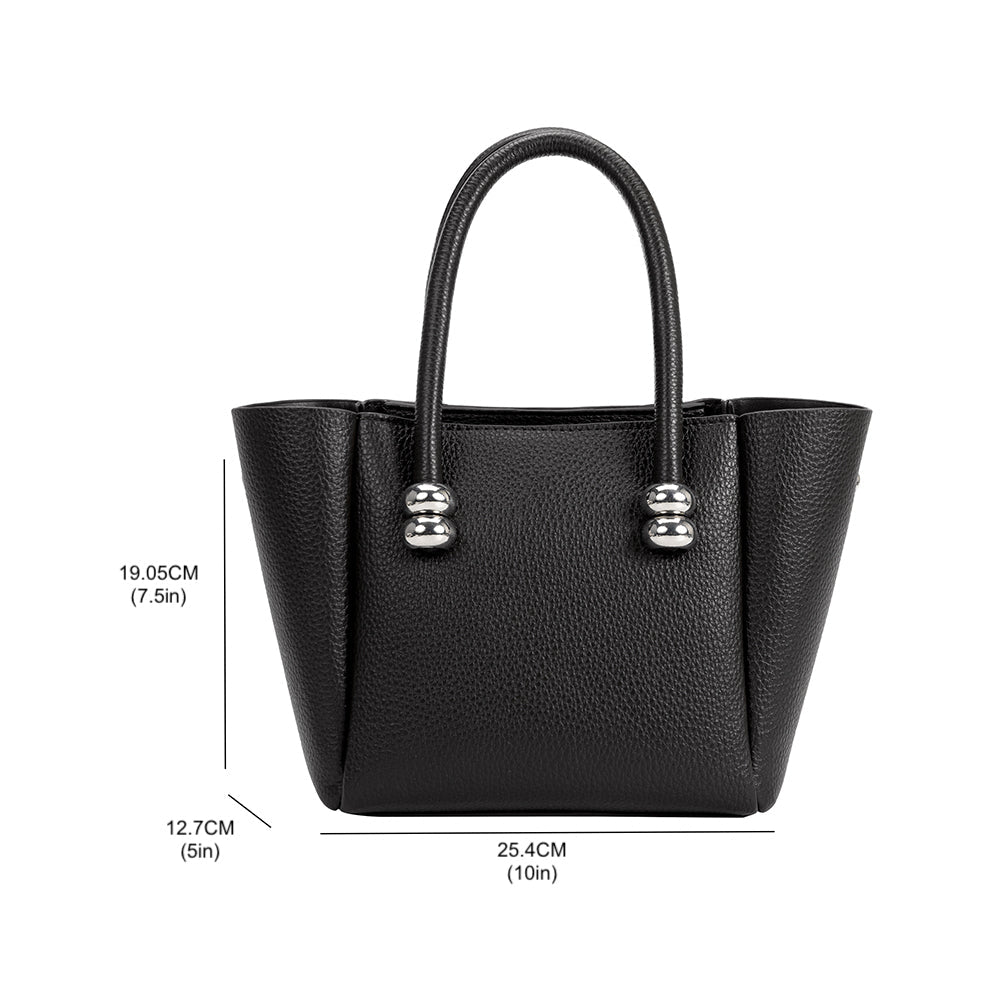 A measurement reference image for a recycled vegan leather top handle bag with silver bubble hardware. 