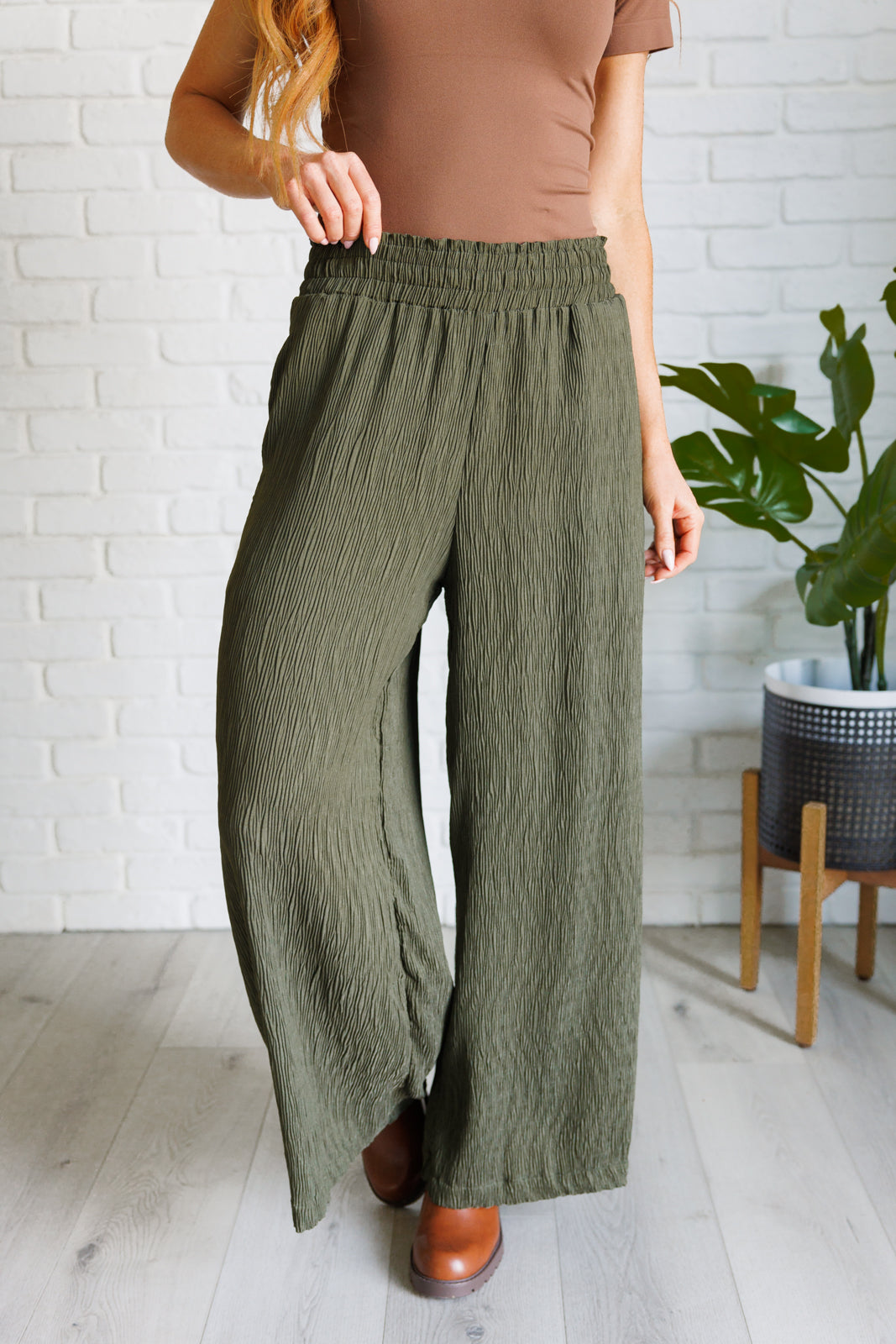 Harmony High Rise Wide Pants in Olive - Charming Charlie