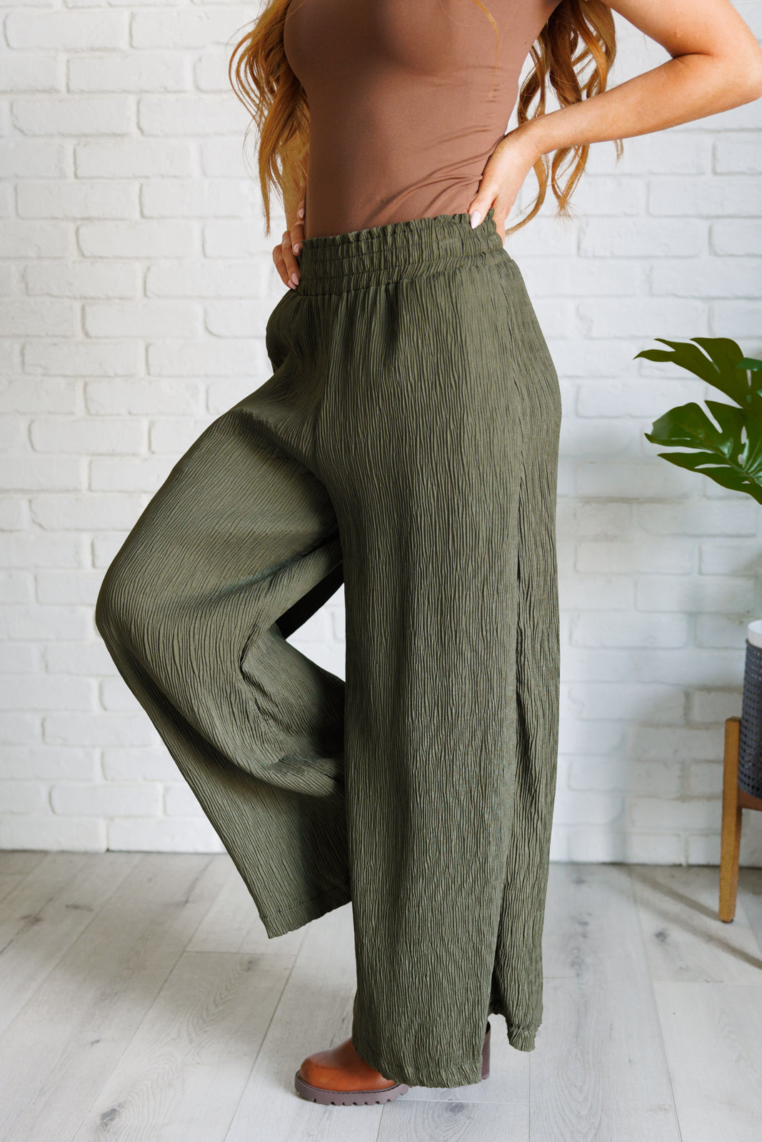 Harmony High Rise Wide Pants in Olive - Charming Charlie