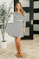 Haute Mess Scooped Hem Casual Dress in Black and White Striped - Charming Charlie