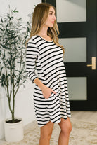 Haute Mess Scooped Hem Casual Dress in Black and White Striped - Charming Charlie
