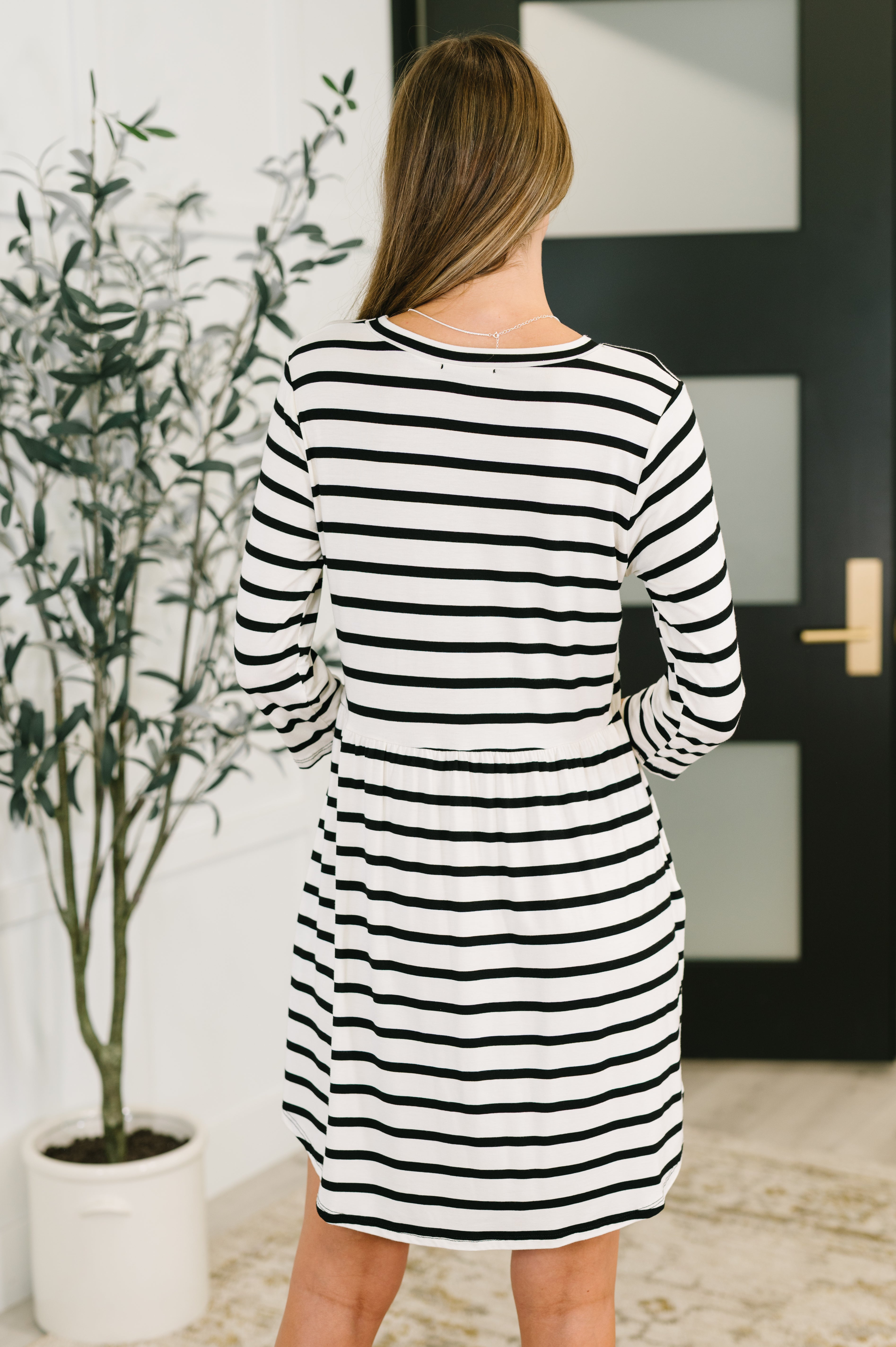 Haute Mess Scooped Hem Casual Dress in Black and White Striped Medium