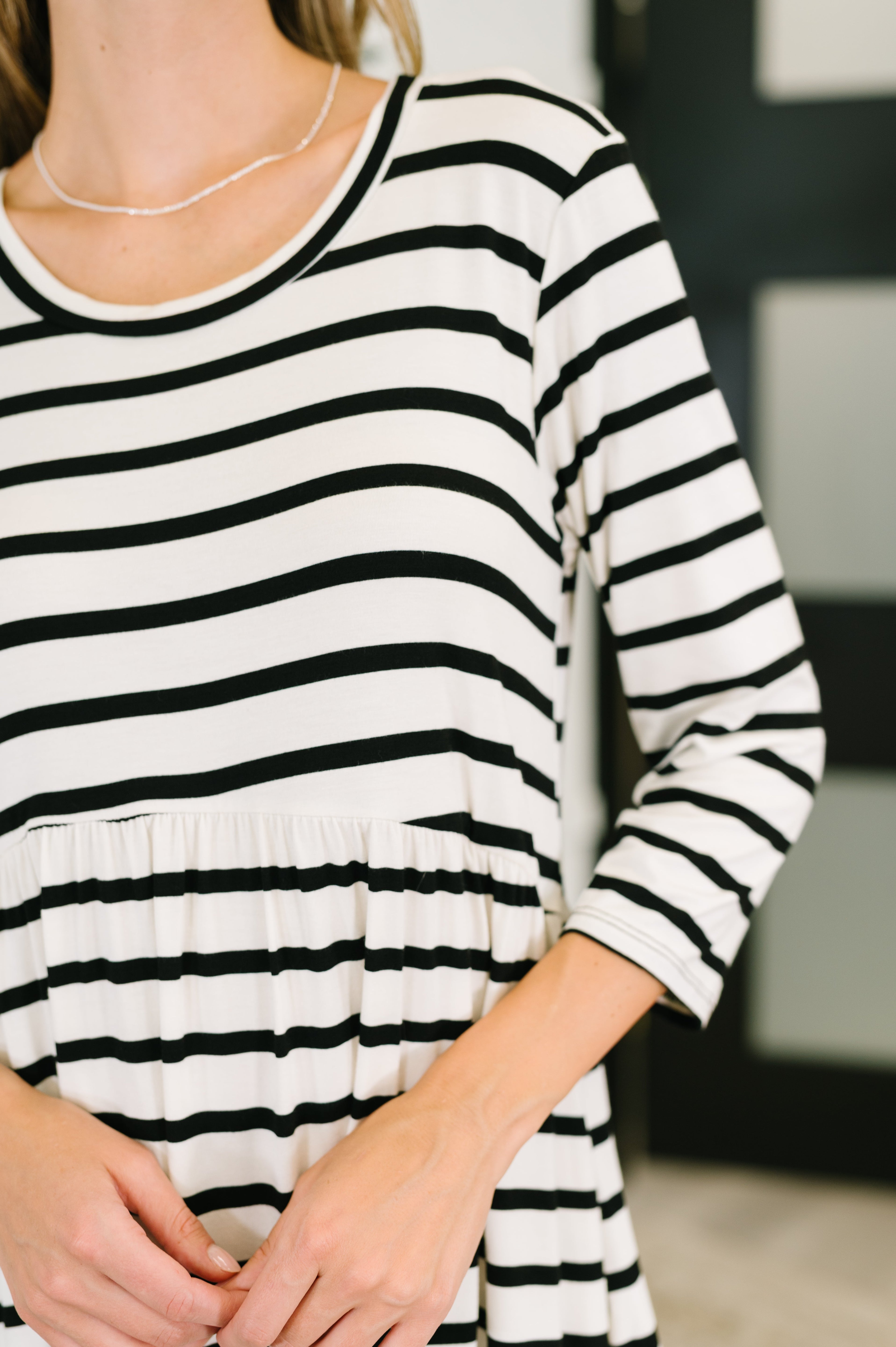 Haute Mess Scooped Hem Casual Dress in Black and White Striped - Charming Charlie