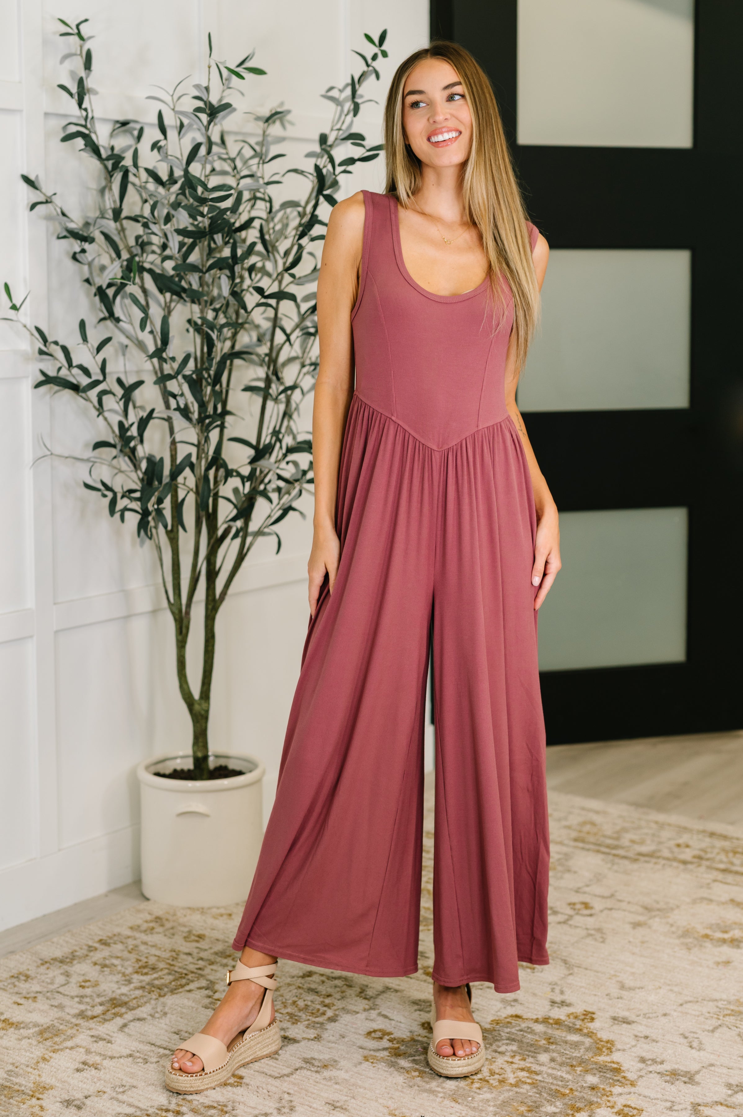 Head to Toe Whoa Gathered Wide Leg Jumpsuit in Mauve - Charming Charlie