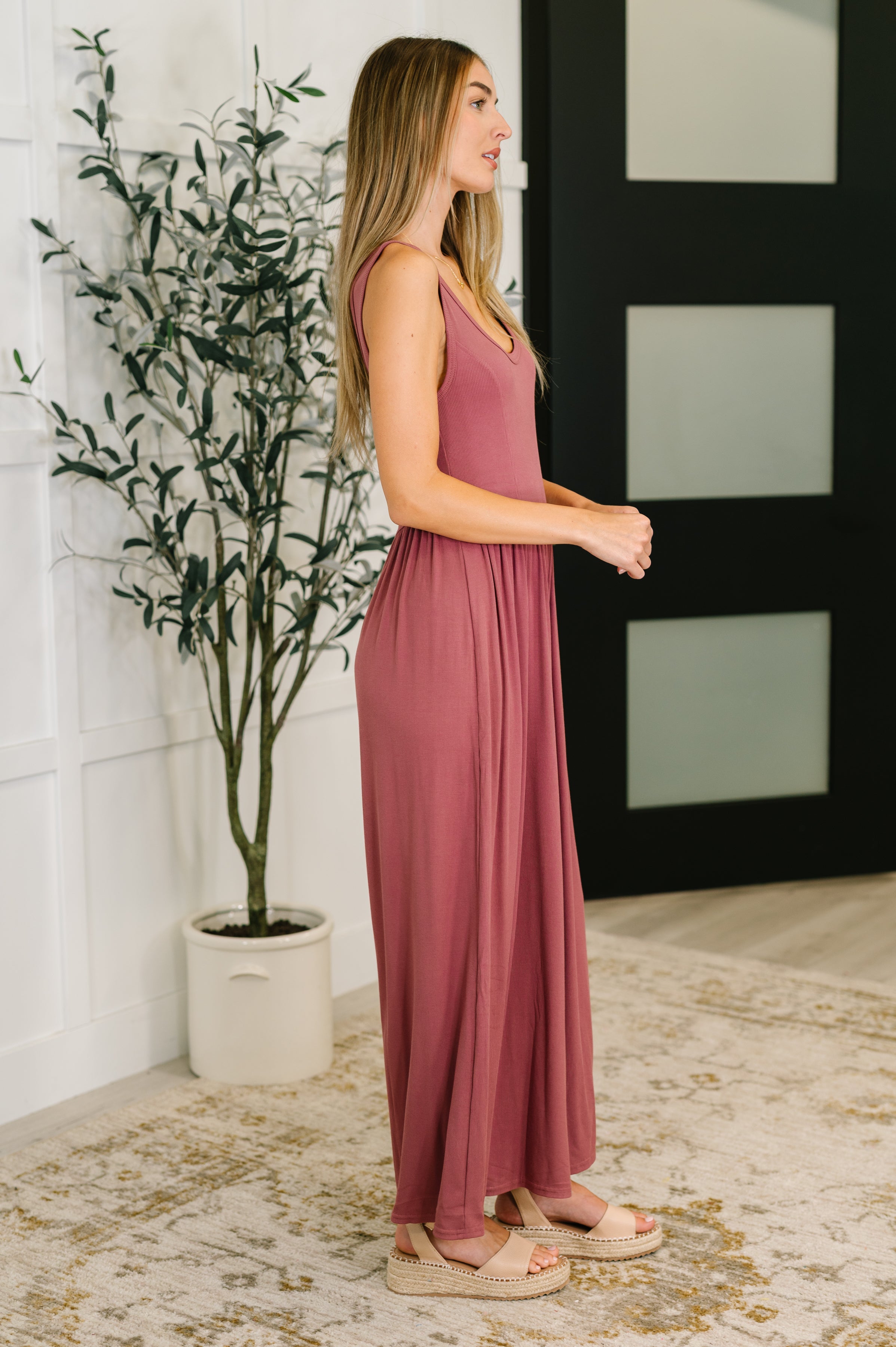Head to Toe Whoa Gathered Wide Leg Jumpsuit in Mauve - Charming Charlie