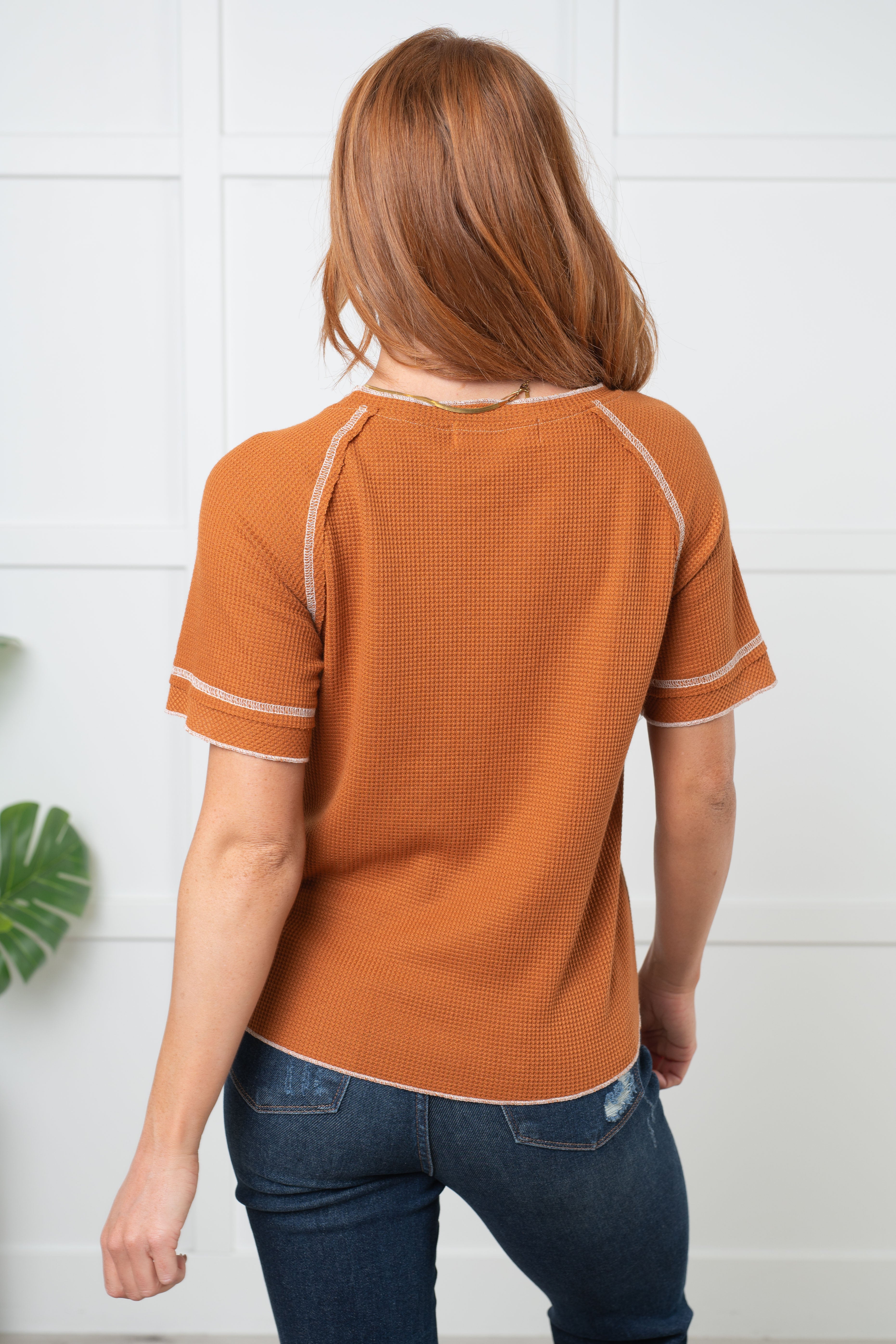Heartbreaker Waffle Knit Tee in Chestnut - Charming Charlie