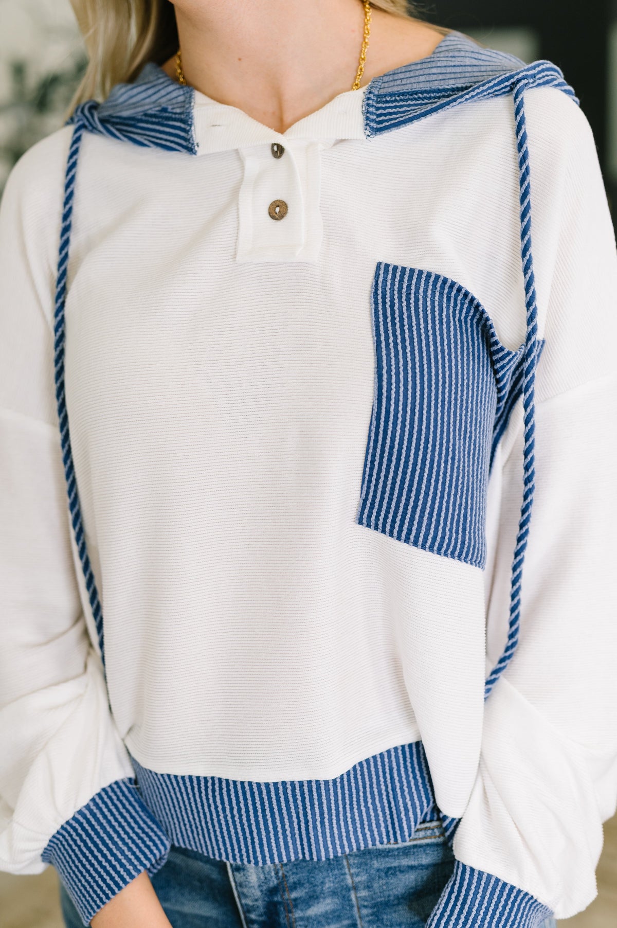 Here for Now Color Block Hoodie in Blue - Charming Charlie