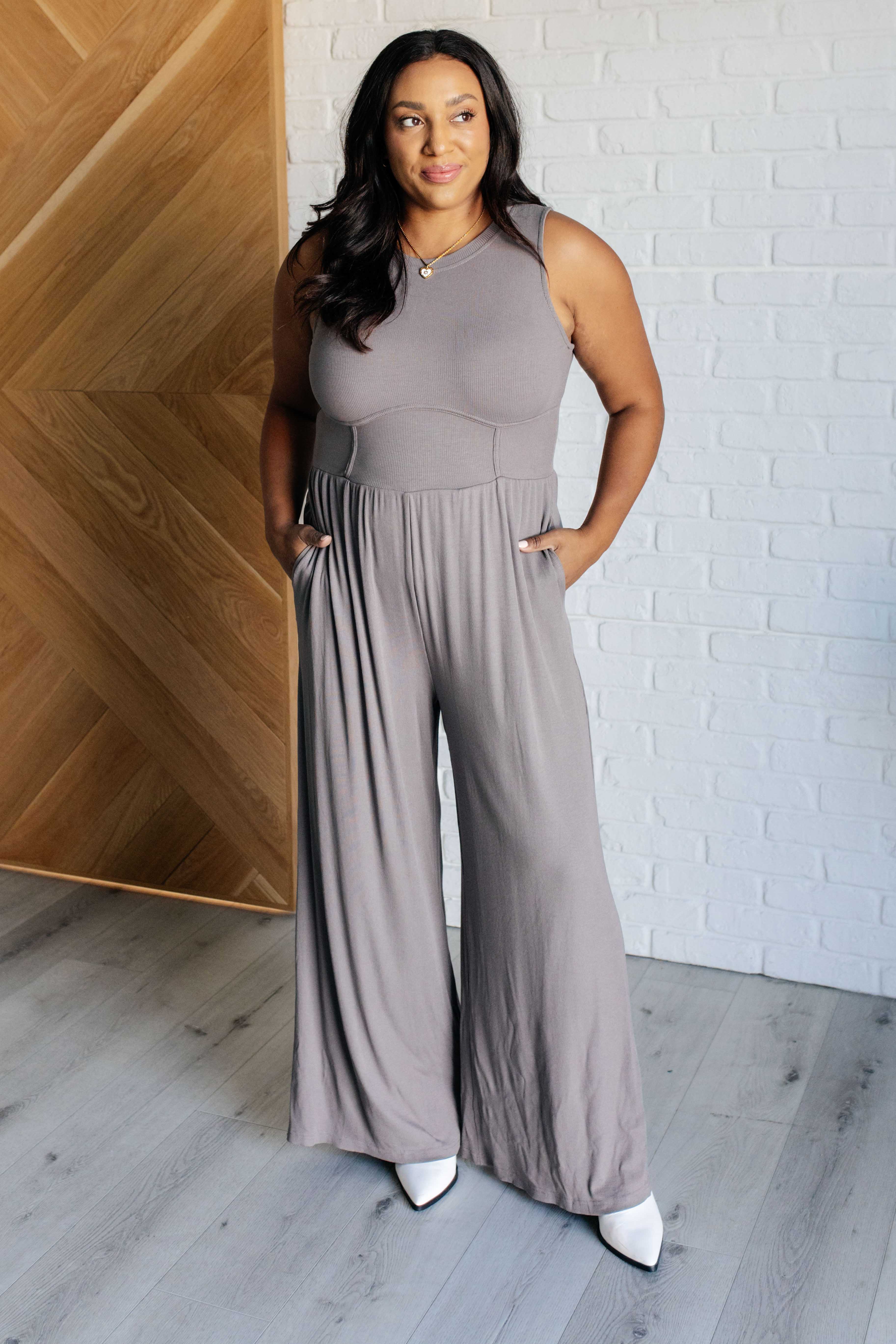 Hilary Wide Leg Jumpsuit in Grey - Charming Charlie
