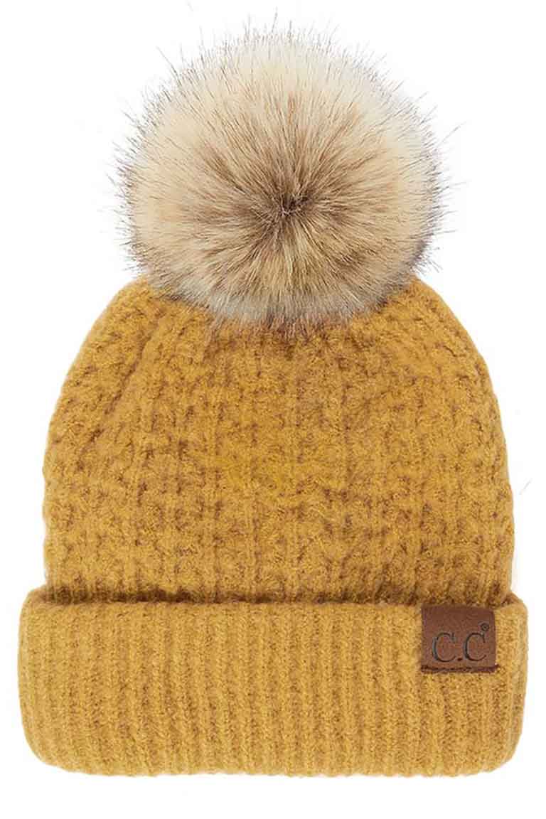 Honey Mustard C.C Smocking Stitch Pattern Pom Beanie Hat, Warm Winter Beanie Hat; before running out the door into the cool air, you’ll want to reach for this toasty beanie to keep you incredibly warm. Comfortable beanie keep your head and ear warm during the winter. Awesome winter gift accessory!  This smocking stitch pattern pom beanie can be worn both casual and sophisticated wear and also perfect for outdoor fashion, including biking, camping, ice skating, snowboarding, running and more.