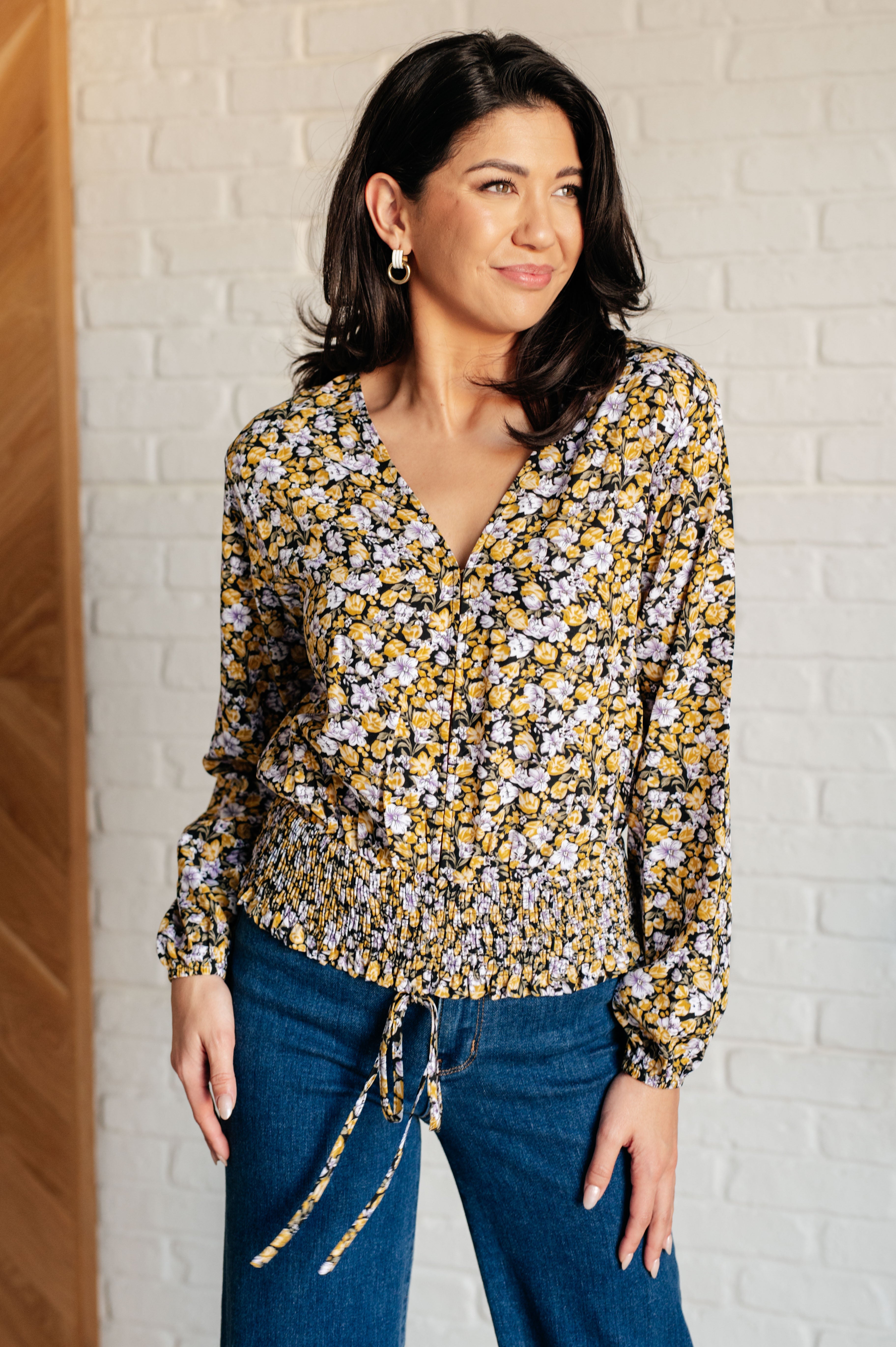 Honey Honey Floral Smocked Blouse in Black - Charming Charlie
