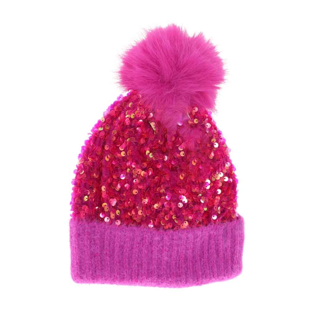 Hot Pink KIDS Cluster Sequin Faux Fur Pom C.C Beanie combines playful sparkle with cozy warmth, making it an ideal accessory for children. Featuring a stylish cluster of sequins and a soft faux fur pom-pom, this beanie offers both charm and comfort. Crafted to provide excellent insulation, it keeps little heads snug during colder days while adding a trendy touch to any outfit. 