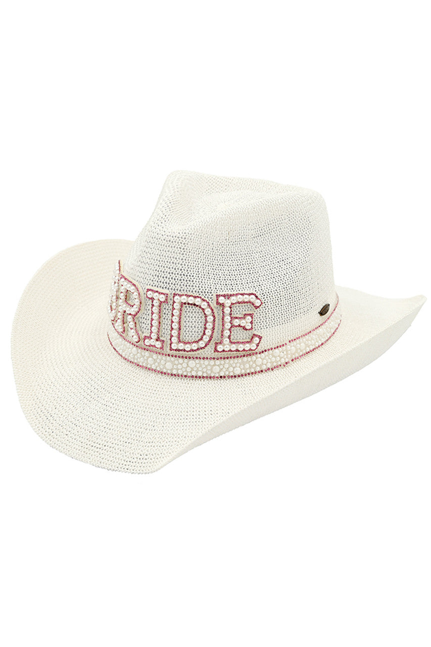 Hot Pink White lC.C. Bride's cowboy hat features a beautiful pearl and rhinestone trim, adding a touch of elegance to a classic design. Perfect for weddings, festivals, and everyday wear, this hat will elevate any outfit and provide added sun protection. A must-have accessory for any fashion-forward cowgirl