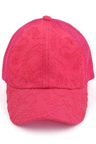 Hot Pink C.C FANCY EMBROIDERY STITCH CRISS CROSS PONYCAP is expertly crafted with intricate embroidery and a unique criss cross design. It provides both fashion and function, keeping the sun out of your eyes while adding a stylish touch to your outfit.