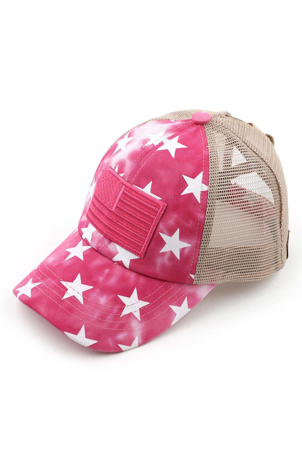 Hot Pink C.C TIE DIE STAR American Flag CRISS-CROSS PONYCAP is a must-have for any patriotic individual. With a unique tie-dye star design and a criss-cross ponytail opening, it combines style and functionality. Made with high-quality materials, it offers both comfort and durability. Perfect for showing off your American pride in a fashionable way.