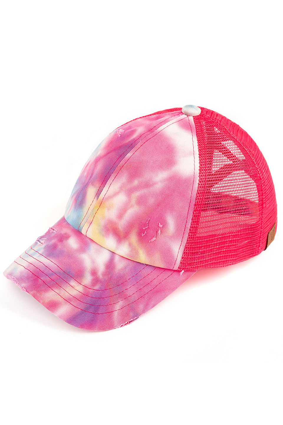 Hot Pink C.C TIE DYE CRISS-CROSS MESH PONYCAP is a trendy and stylish addition to any outfit. With its unique tie-dye design and criss-cross mesh detailing, it's sure to turn heads. Made with high-quality materials, this ponytail cap provides both comfort and style. Perfect for any fashion-forward individual looking to make a statement.
