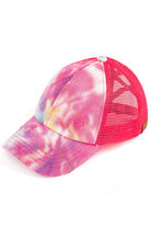 Hot Pink C.C TIE DYE CRISS-CROSS MESH PONYCAP is a trendy and stylish addition to any outfit. With its unique tie-dye design and criss-cross mesh detailing, it's sure to turn heads. Made with high-quality materials, this ponytail cap provides both comfort and style. Perfect for any fashion-forward individual looking to make a statement.