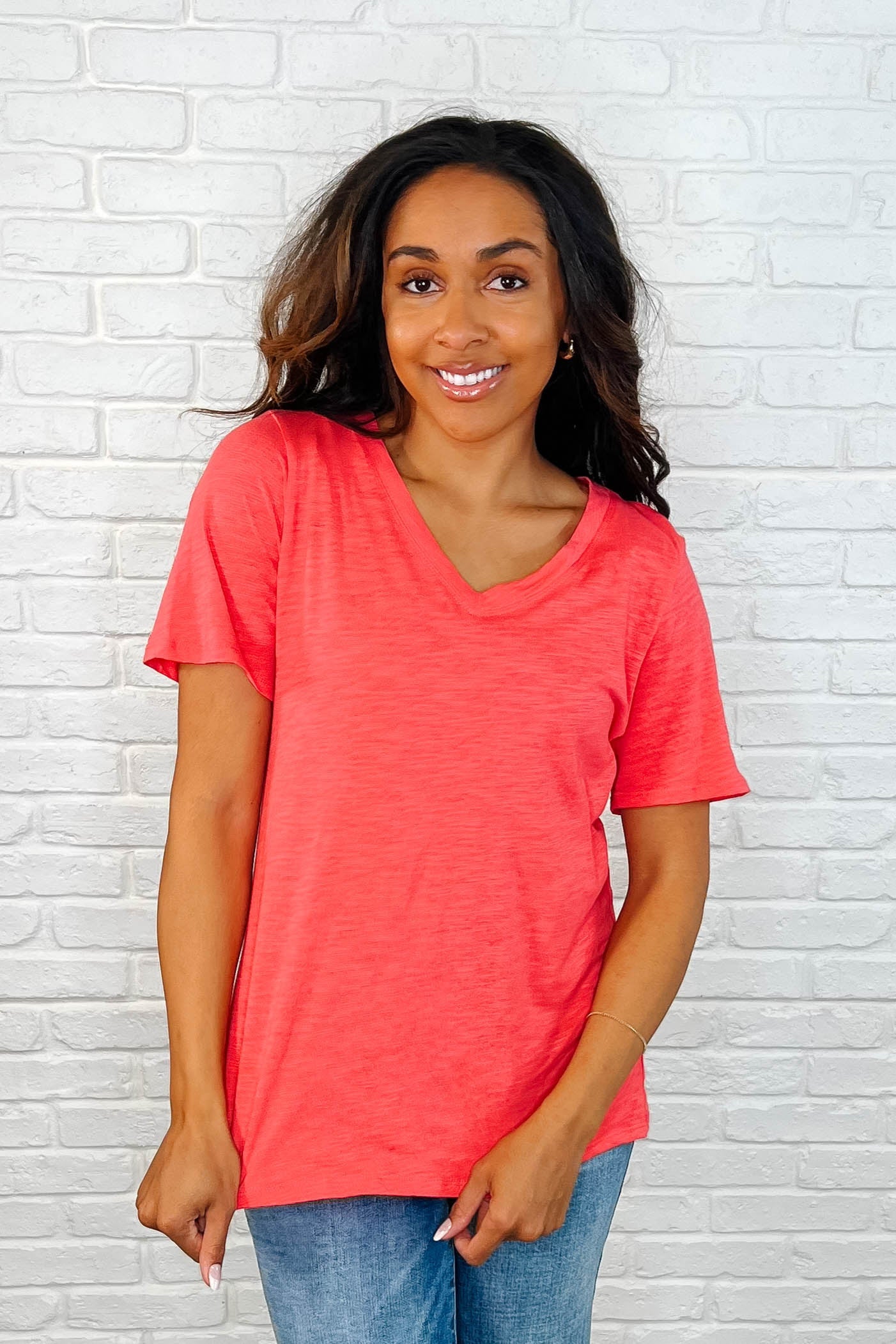 I Don't Have to Choose V-Neck Tee in Hot Coral - Charming Charlie