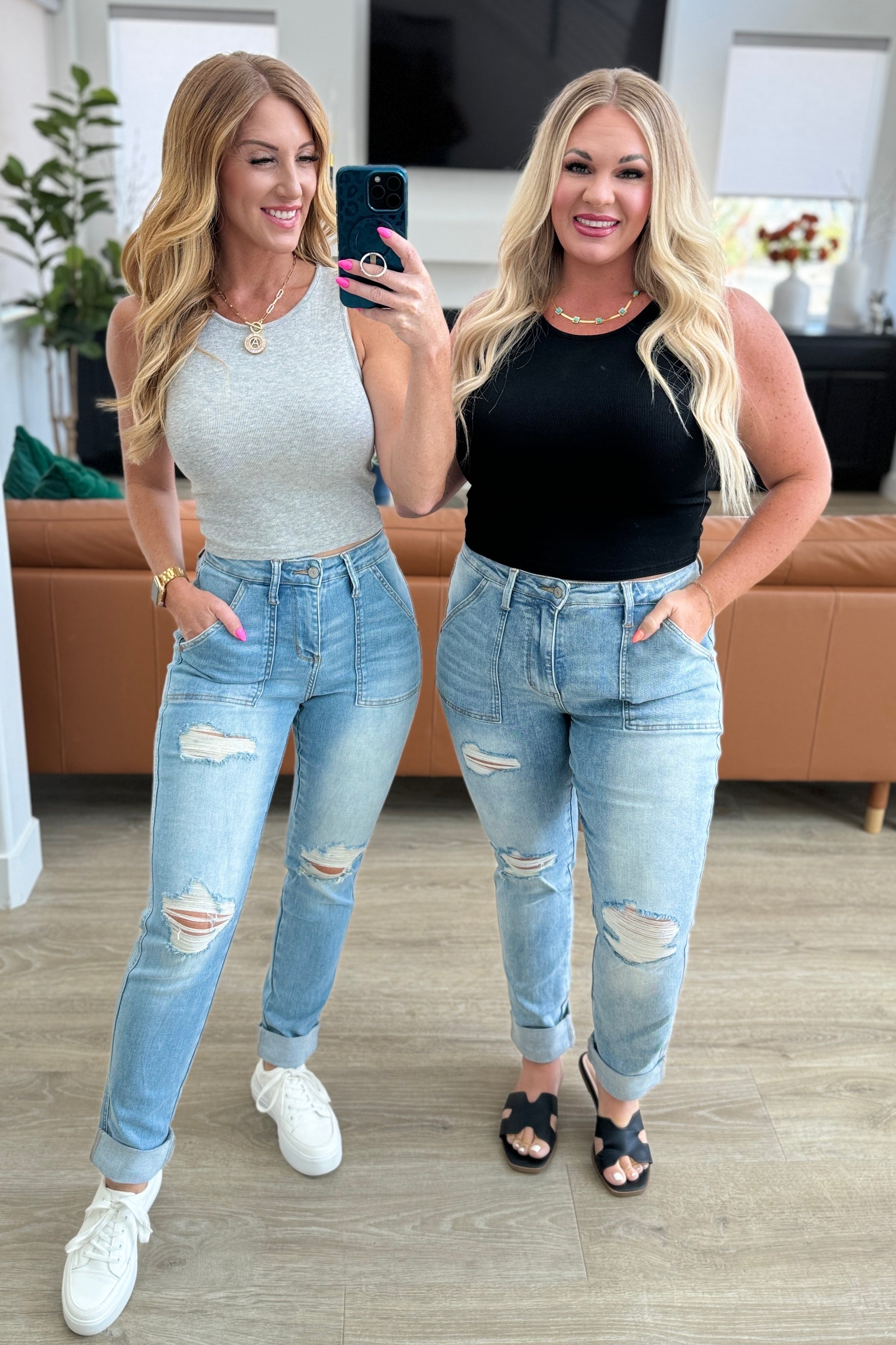 Aiden High Rise Patch Pocket Distressed Boyfriend Jeans – Charming