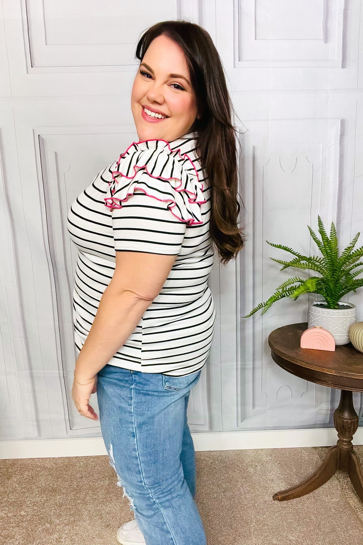 Get To It Ivory & Pink Merrow Stitch Ruffle Sleeve Stripe Top ...
