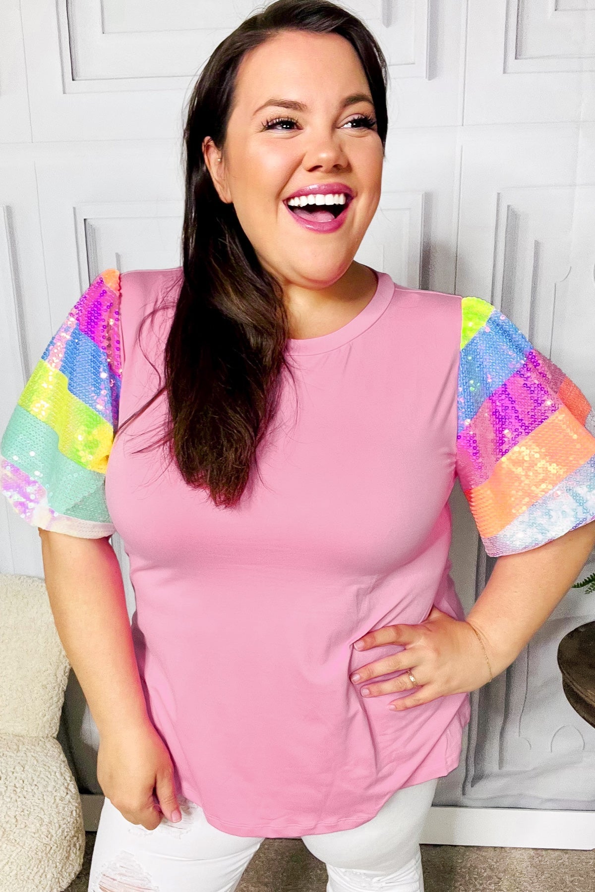 Stand Out Pink Rainbow Sequin Puff Sleeve Top – Charming Charlie