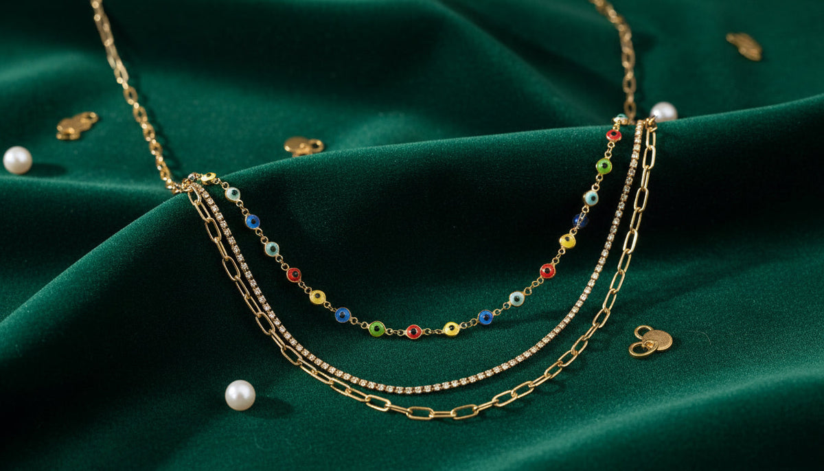 3 Row Gold Evil Eye Multi Necklace - Charming Charlie