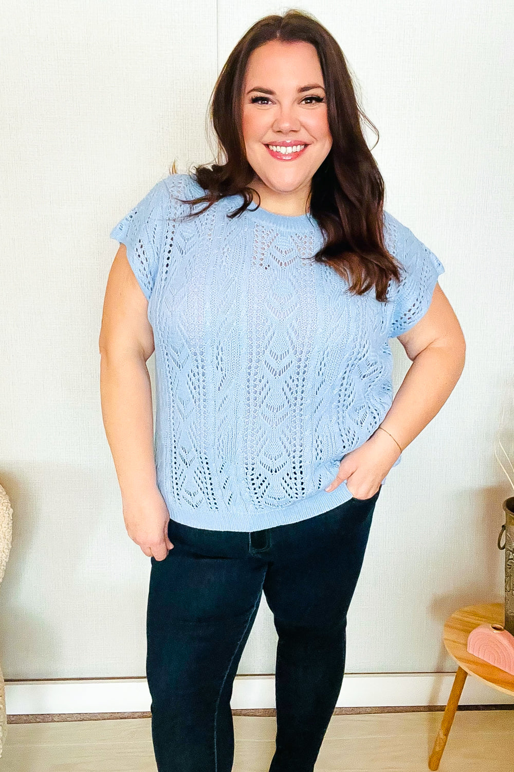 The Perfect Find Sky Blue Dolman Short Sleeve Crochet Sweater Top - Charming Charlie