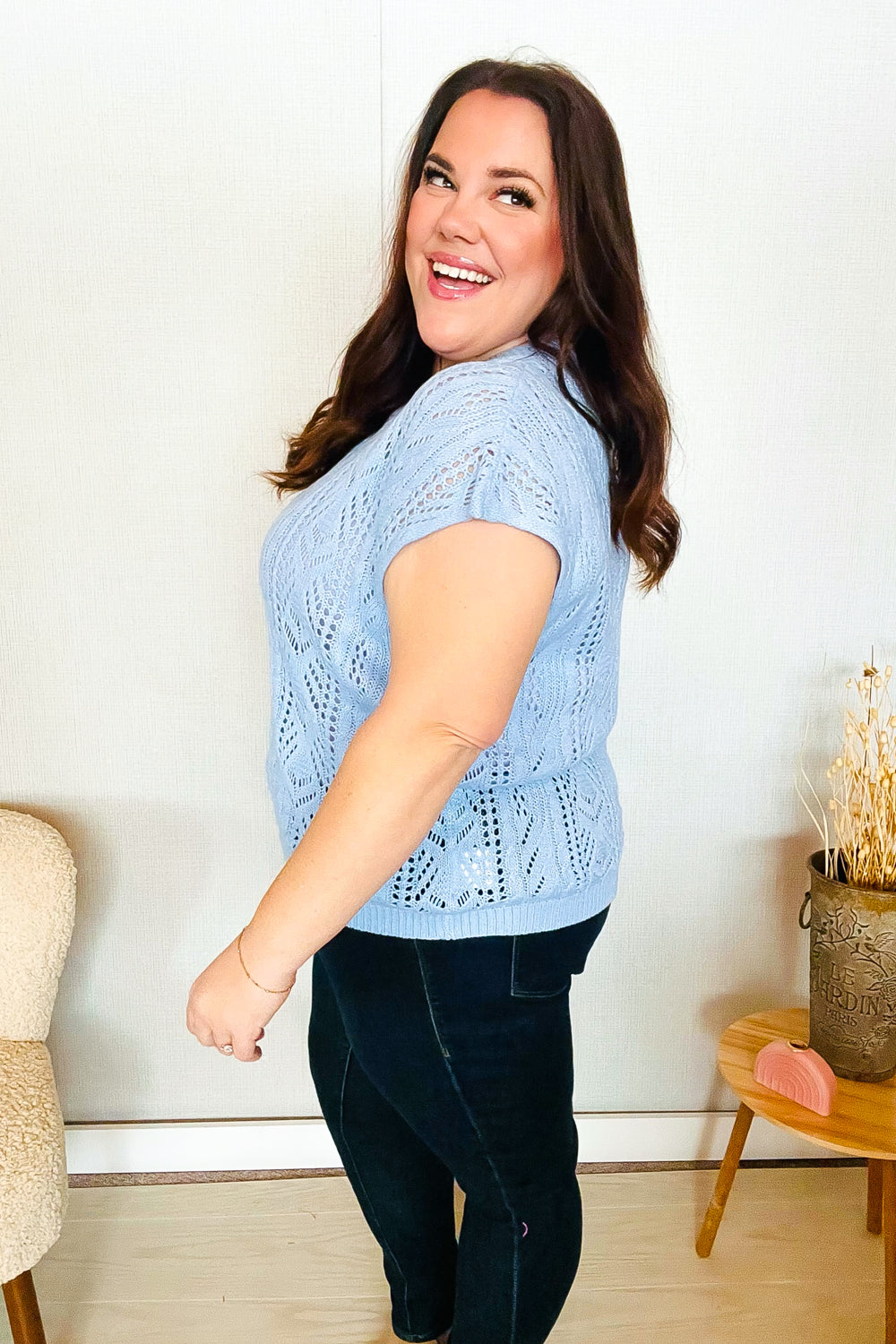 The Perfect Find Sky Blue Dolman Short Sleeve Crochet Sweater Top - Charming Charlie