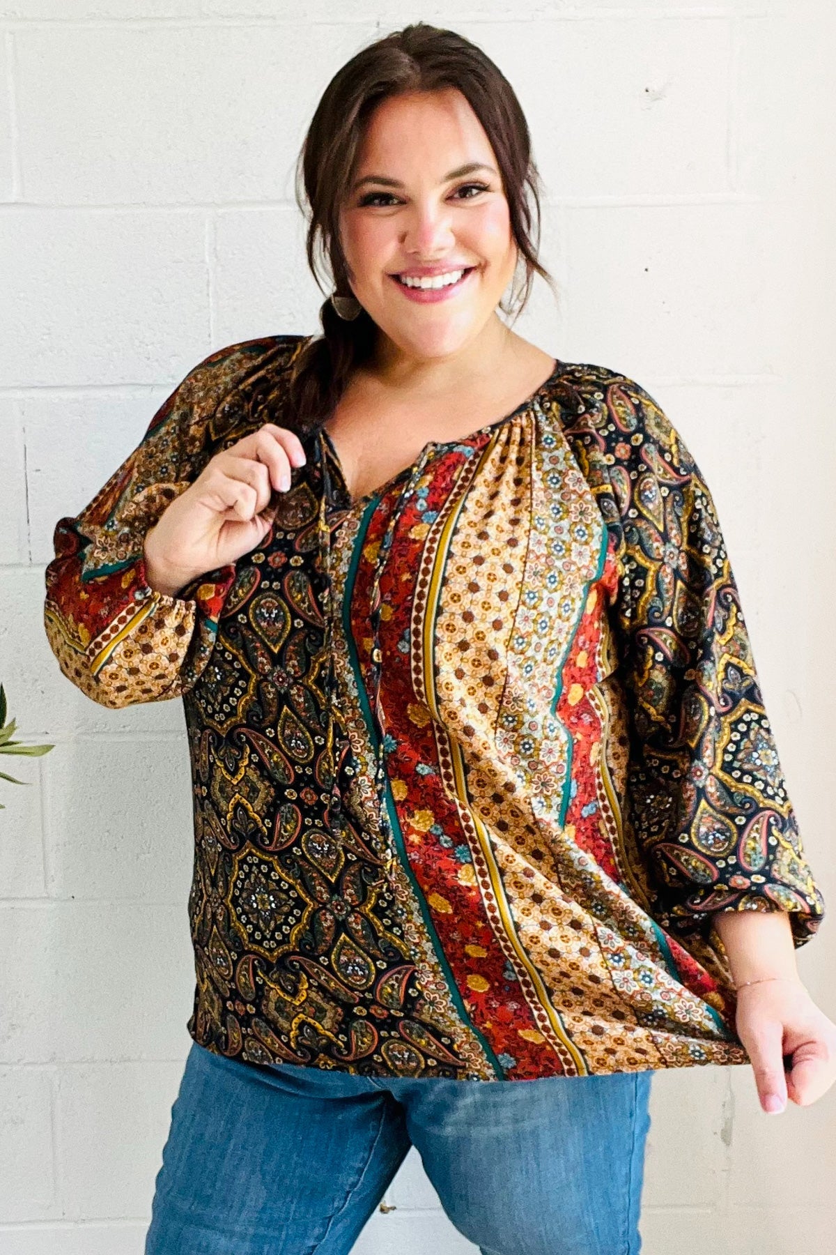 Weekend Ready Black & Rust Paisley Raglan Keyhole Tie Top - Small