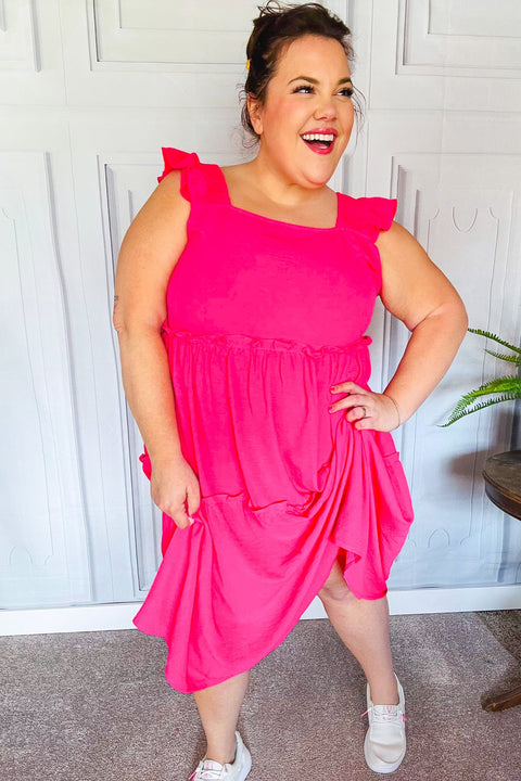 Flowing Layered Dress with Flutter Sleeves Fuchsia