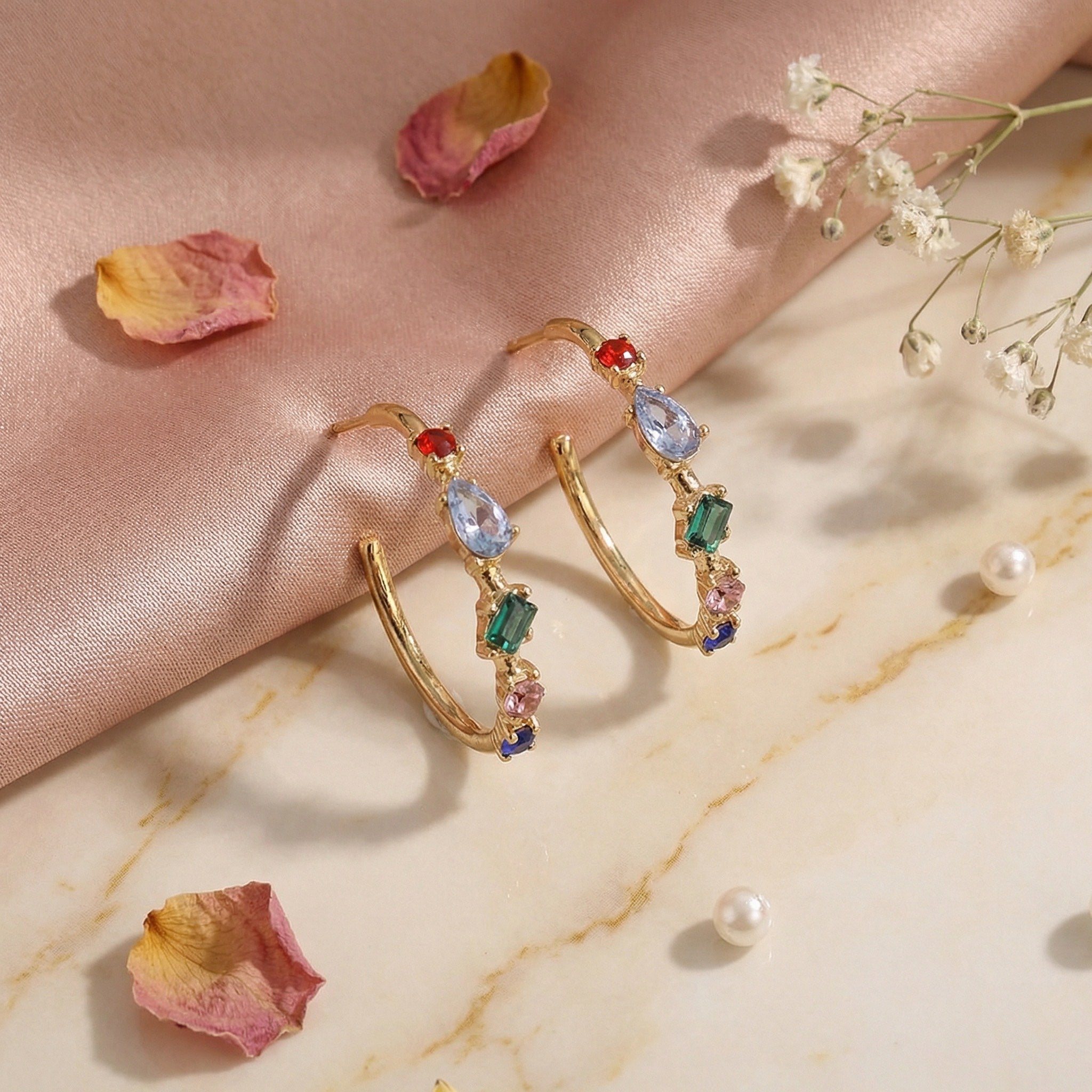 Gold Multi Stone Multi Color Small Hoop Earring - Charming Charlie