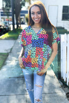 Dazzle in Multicolor Animal Patchwork V Neck Dolman Cap Sleeve Top - Charming Charlie