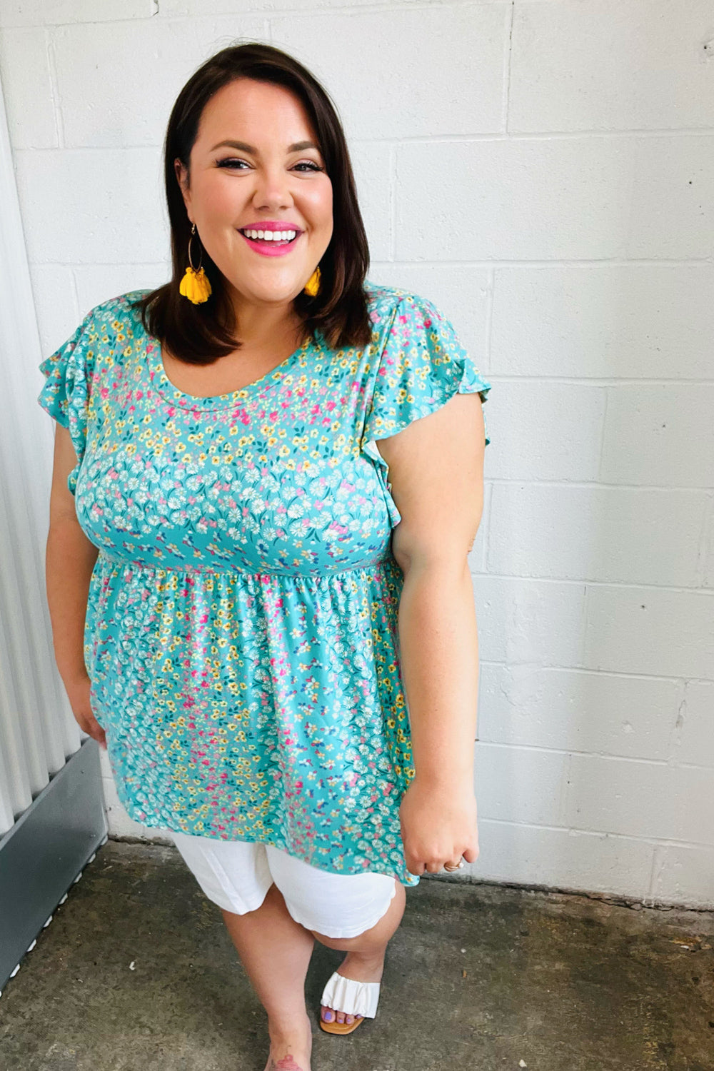 Turquoise Floral Stripe Babydoll Top - Charming Charlie
