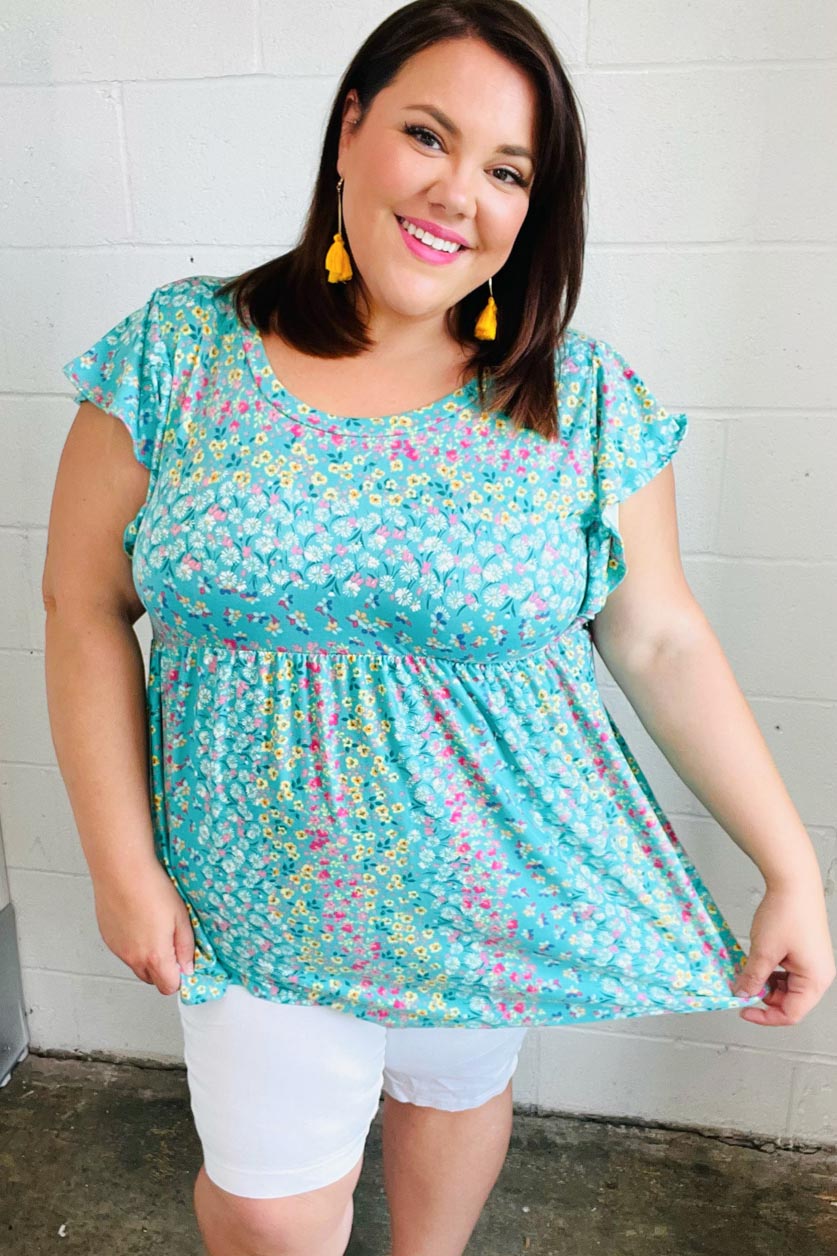 Turquoise Floral Stripe Babydoll Top - Charming Charlie