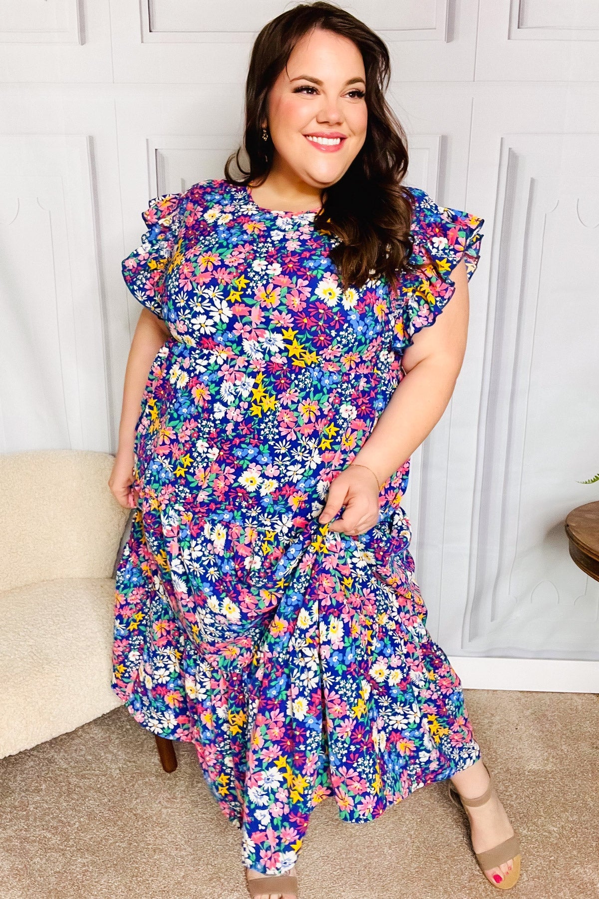 smocked ruffle dress Just A Dream Navy Floral Smocked Ruffle Sleeve Maxi Dress Small