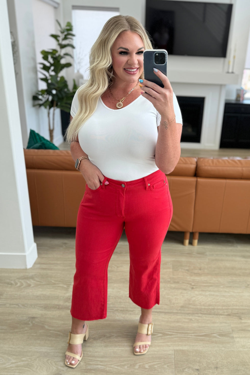 Lisa High Rise Control Top Wide Leg Crop Jeans in Red  Charming Charlie