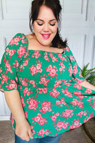 Sumptuous In Smocked Green & Coral Flower Print Babydoll Top - Charming Charlie