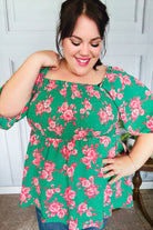 Sumptuous In Smocked Green & Coral Flower Print Babydoll Top - Charming Charlie