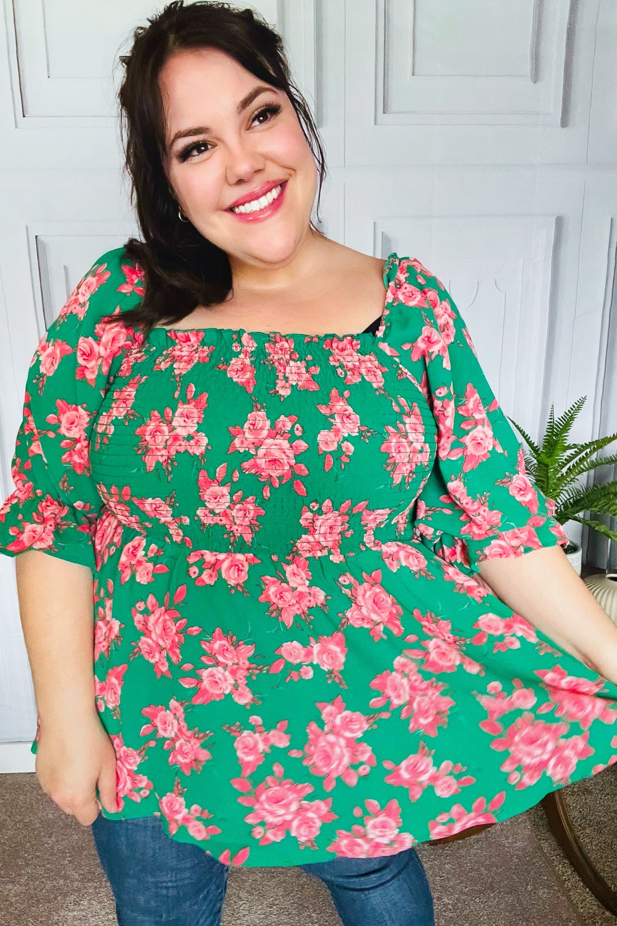 Sumptuous In Smocked Green & Coral Flower Print Babydoll Top - Charming Charlie