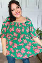 Sumptuous In Smocked Green & Coral Flower Print Babydoll Top - Charming Charlie