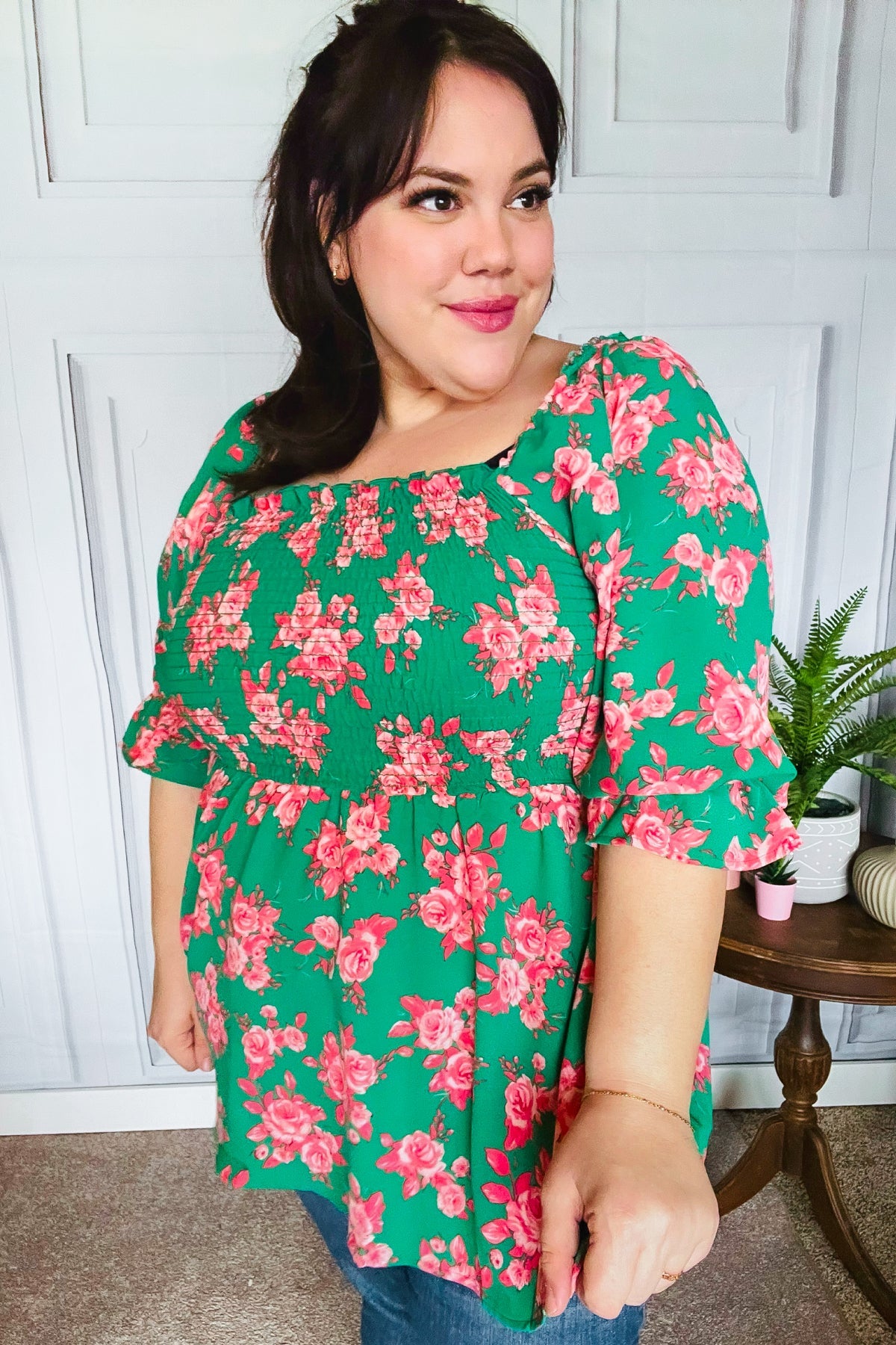 Sumptuous In Smocked Green & Coral Flower Print Babydoll Top - Charming Charlie
