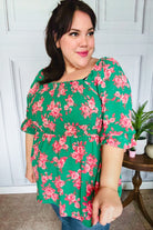 Sumptuous In Smocked Green & Coral Flower Print Babydoll Top - Charming Charlie