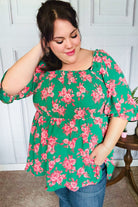 Sumptuous In Smocked Green & Coral Flower Print Babydoll Top - Charming Charlie