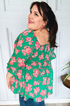 Sumptuous In Smocked Green & Coral Flower Print Babydoll Top - Charming Charlie