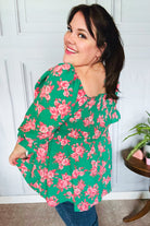 Sumptuous In Smocked Green & Coral Flower Print Babydoll Top - Charming Charlie