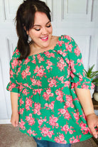 Sumptuous In Smocked Green & Coral Flower Print Babydoll Top - Charming Charlie