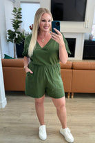Short Sleeve V-Neck Romper in Army Green - Charming Charlie